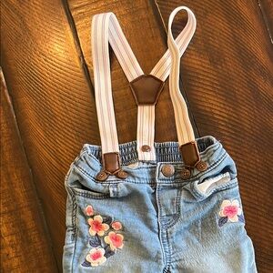 OshKosh B'gosh Blue and Pink Jeans with suspenders with Floral Embroidery